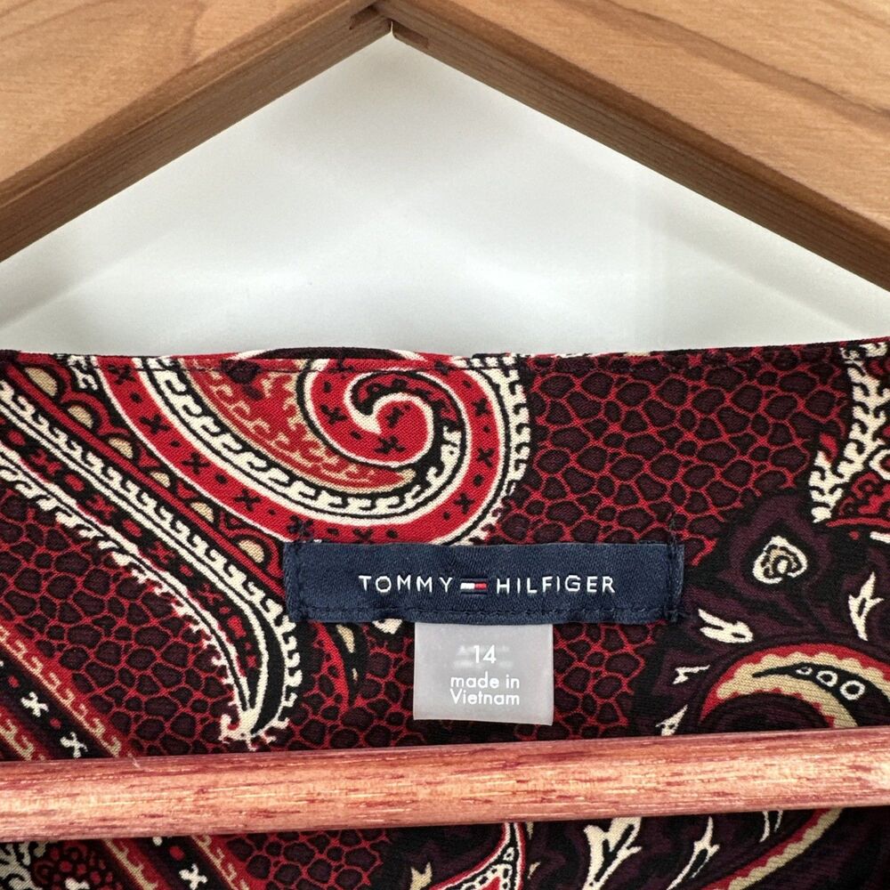 Tommy Hilfiger Dress 14 Jersey Knit Red Black Paisley Drop Waist Ruffle - Picture 5 of 9